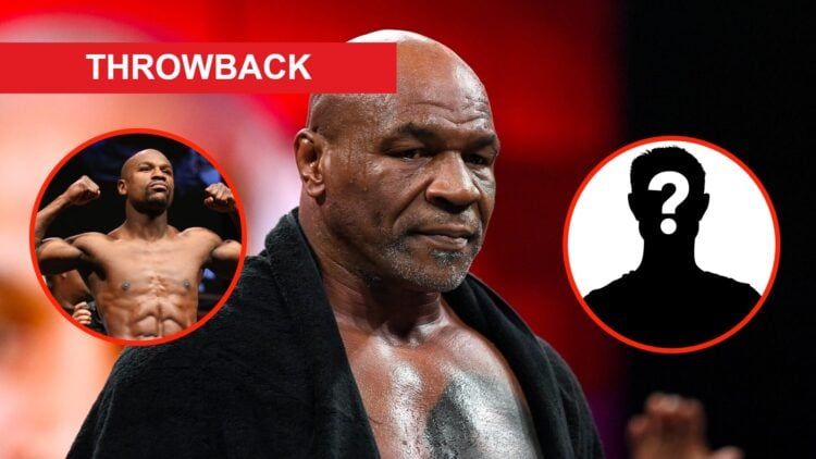 Mike Tyson at an open workout session before fighting Jake Paul with overlays of Floyd Mayweather Jr. weighing-in for Marcos Maidana fight and a my...