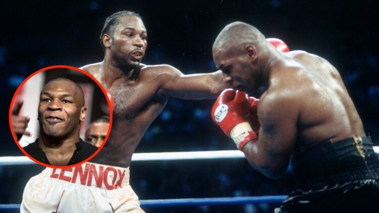 Mike Tyson dodges a punch from Lennox Lewis with an insert of MIke Tyson yells at a reporter after a brawl with Lennox Lewis 