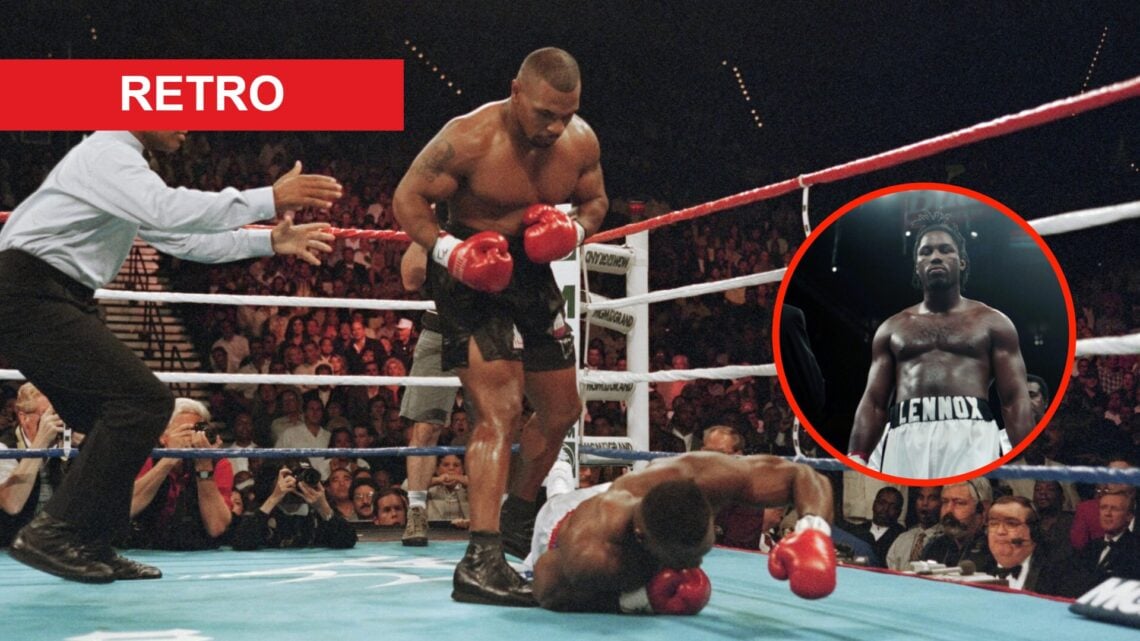 Mike Tyson stands over Bruce Seldon after knocking him down with an overlay of Lennox Lewis walks to the ring for his fight with Ray Mercer in 1996