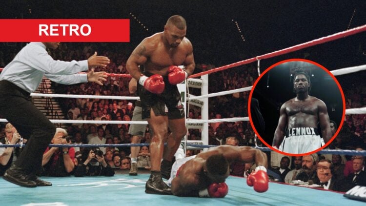 Mike Tyson stands over Bruce Seldon after knocking him down with an overlay of Lennox Lewis walks to the ring for his fight with Ray Mercer in 1996