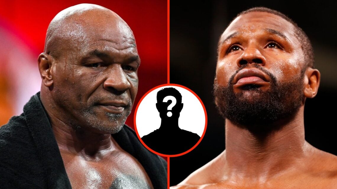 Left: Mike Tyson in the ring before his fight with Jake Paul in December, 2025. Insert: Mystery Figure. Right: Floyd Mayweather in the ring before ...