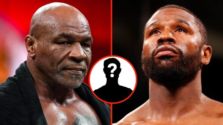 Left: Mike Tyson in the ring before his fight with Jake Paul in December, 2025. Insert: Mystery Figure. Right: Floyd Mayweather in the ring before ...