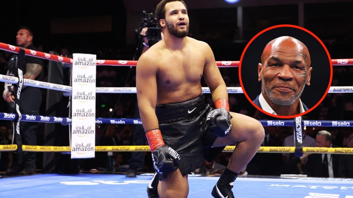Center: Moses Itauma in the ring after his knockout win over Dillian Whyte in Saudi Arabia. Insert: Mike Tyson attends the heavyweight fight betwee...