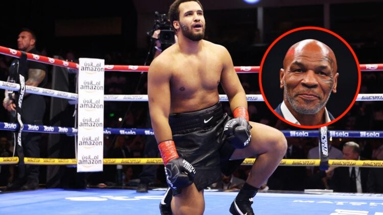 Center: Moses Itauma in the ring after his knockout win over Dillian Whyte in Saudi Arabia. Insert: Mike Tyson attends the heavyweight fight betwee...