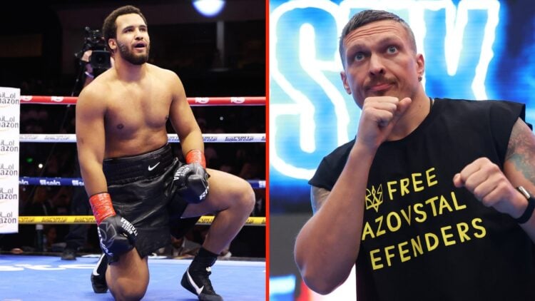 Moses Itauma celebrates in the ring after his knockout win over Dillian Whyte in Riyadh, Saudi Arabia and Oleksandr Usyk trains during the media wo...