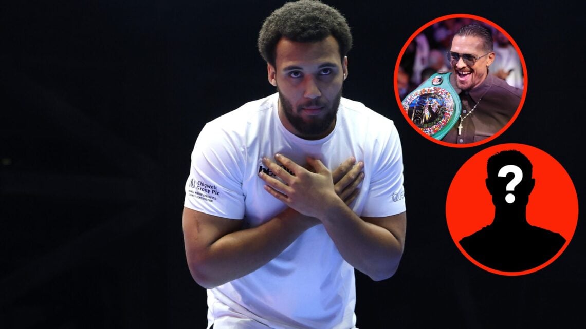 Center: Moses Itauma during the open workouts ahead of his fight with Dillian Whyte in August, 2025. Insert: Oleksandr Usyk attends the IBF heavywe...