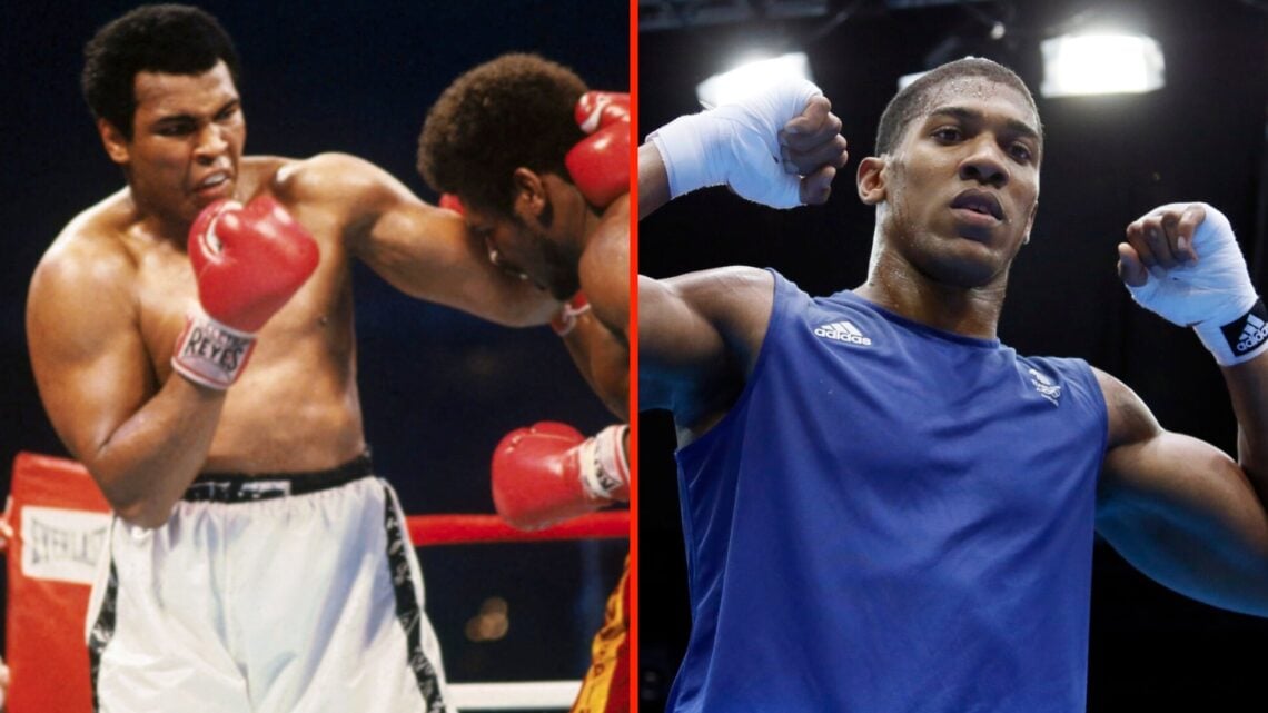Muhammad Ali in the ring during his fight with Leon Spinks in 1978 in New Orleans, Louisana and Anthony Joshua celebrates at the 2012 London Olympics