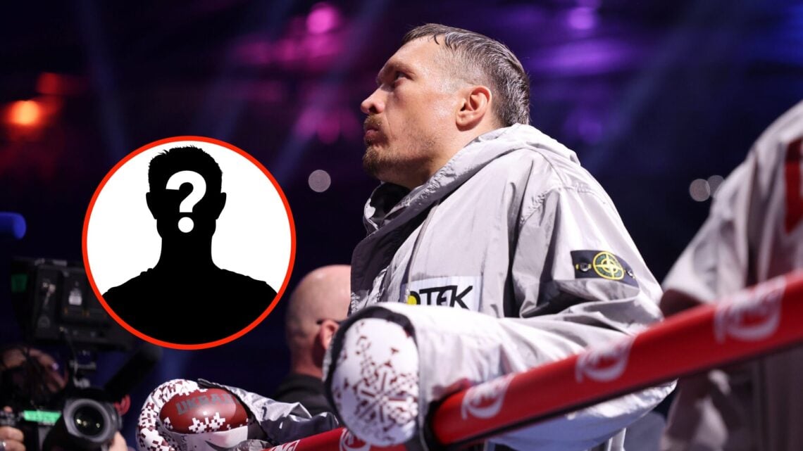 Insert: Mystery Fighter. Center: Oleksandr Usyk in the ring ahead of his undisputed heavyweight title fight with Daniel Dubois in London, England.