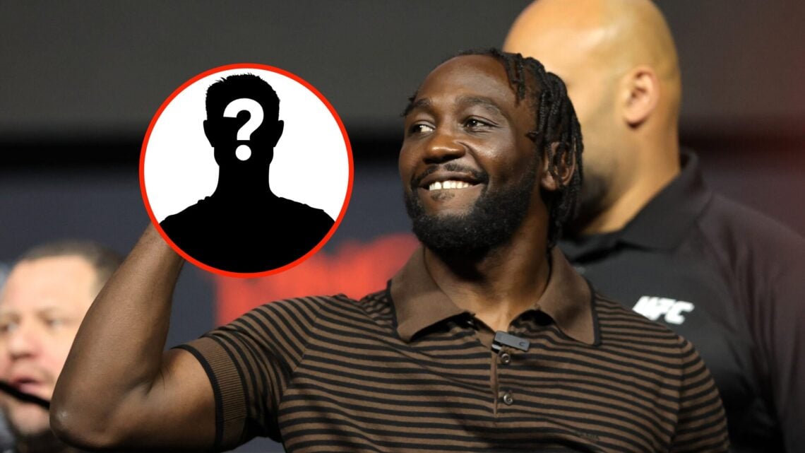 Insert: Mystery Figure. Center: Terence Crawford makes a fist during his pre-fight press conference ahead of his super middleweight title fight wit...