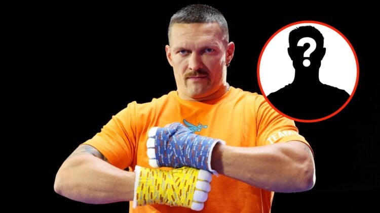 Center: Oleksandr Usyk attends the openworks ahead of his undisputed heavyweight title fight with Tyson Fury in May, 2024. Insert: Mystery Fighter