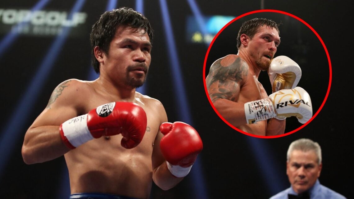 Manny Pacquiao in the ring against Barrios with inset of oleksandr usyk in the ring