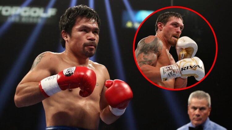 Manny Pacquiao in the ring against Barrios with inset of oleksandr usyk in the ring