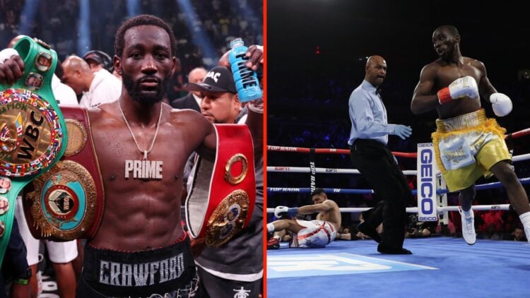 Terence Crawford runs to his corner after knocking down Amir Khan and Terence Crawford after defeating Errol Spence Jr.