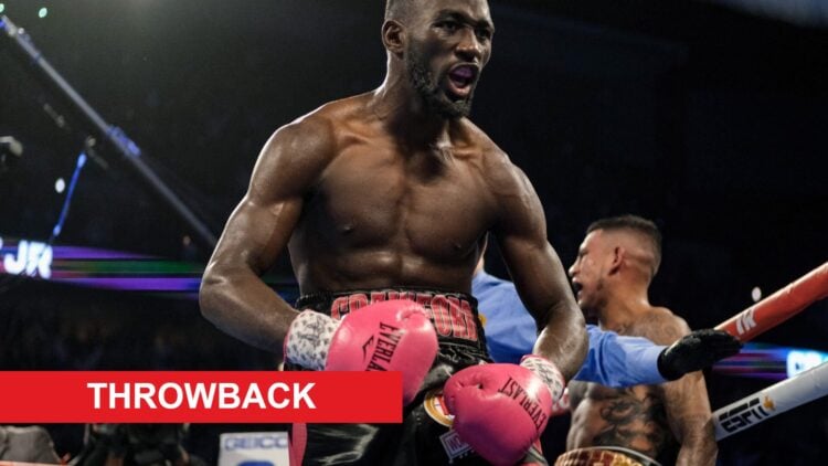 Terence Crawford celebrates in the ring after his WBO welterweight title fight win over Jose Benavidez Jr. in October, 2018.