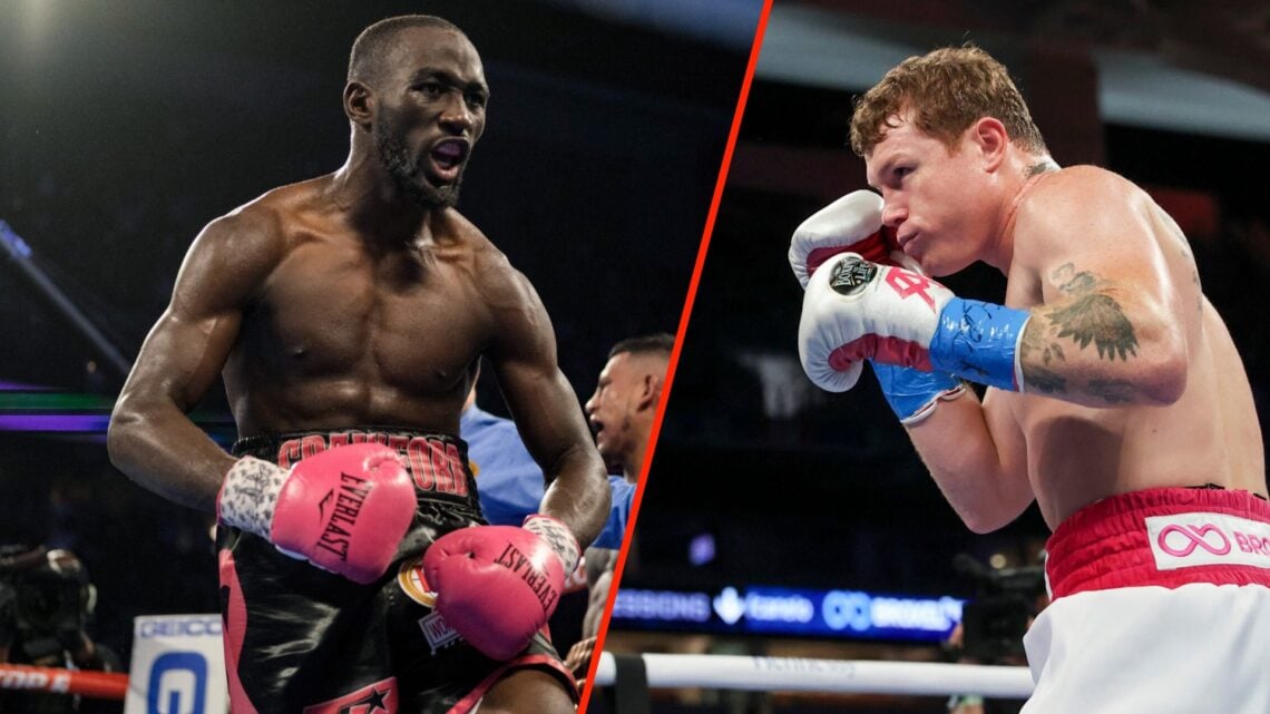 Canelo Alvarez in the ring during his fight with Avni Yildirim in February, 2021 and Terence Crawford celebrates in the ring after his WBO welterwe...