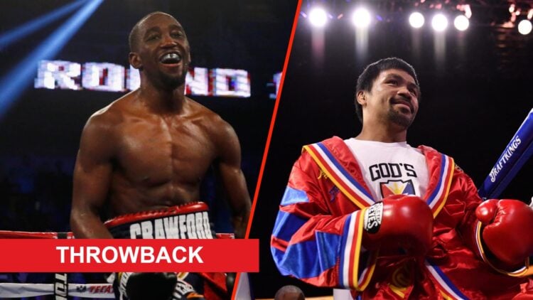 Terence Crawford celebrates defeating Thomas Dulorme and Manny Pacquiao enters the ring ahead of his fight with Yordenis Ugas in August, 2021