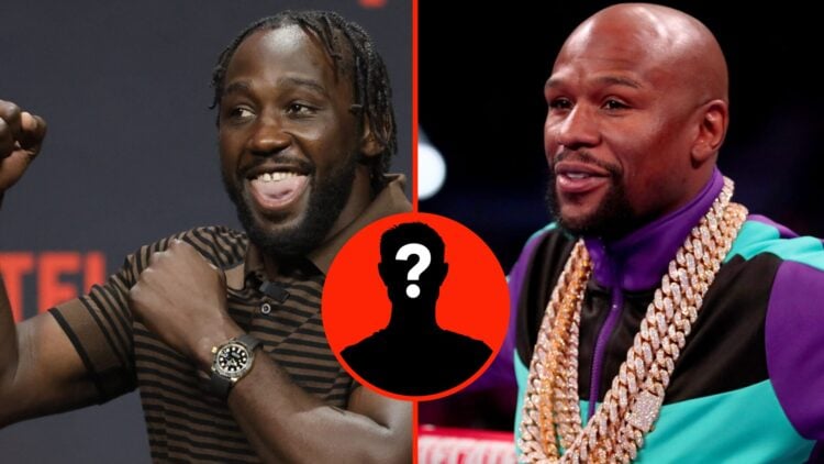 Left: Terence Crawford attends a pre-fight press conference ahead of his super middleweight title fight with Canelo Alvarez. Insert: Mystery Figure...
