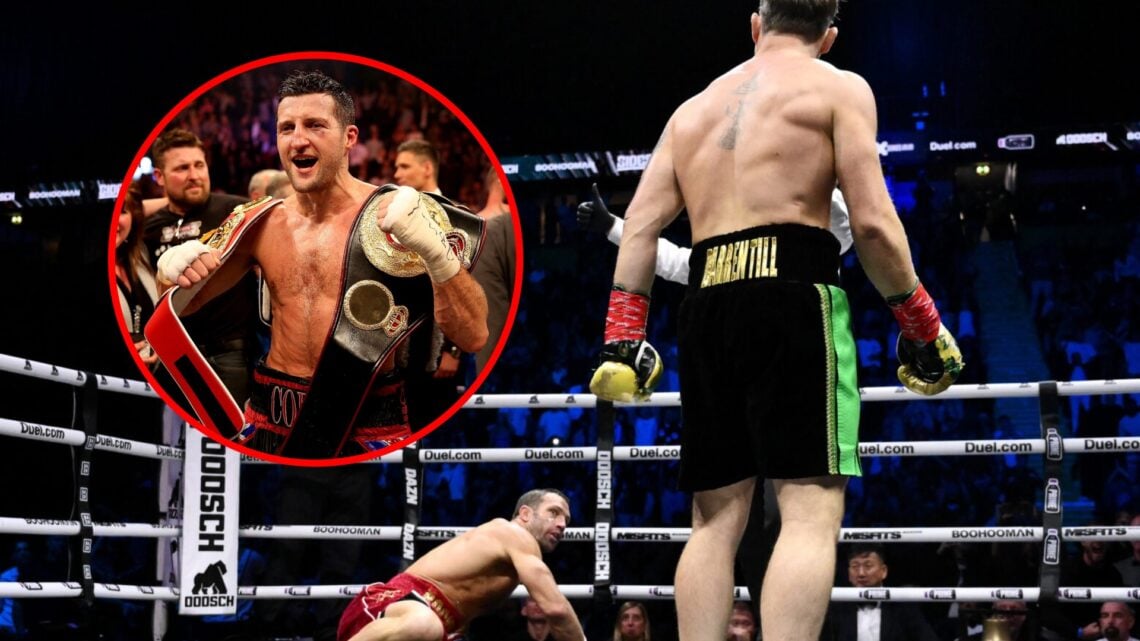 Darren Till looks on at a downed Luke Rockhold with inset of Carl Froch holding his world title belt